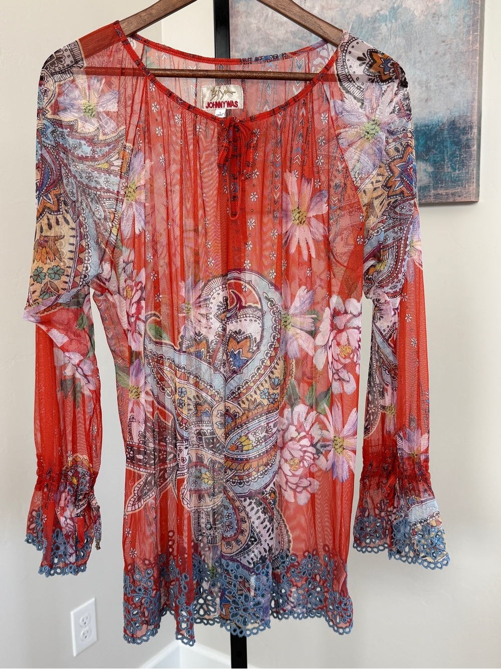 Johnny Was Biya Paisley Mesh Blouse Red Orange Floral Lace Peasant Top Large